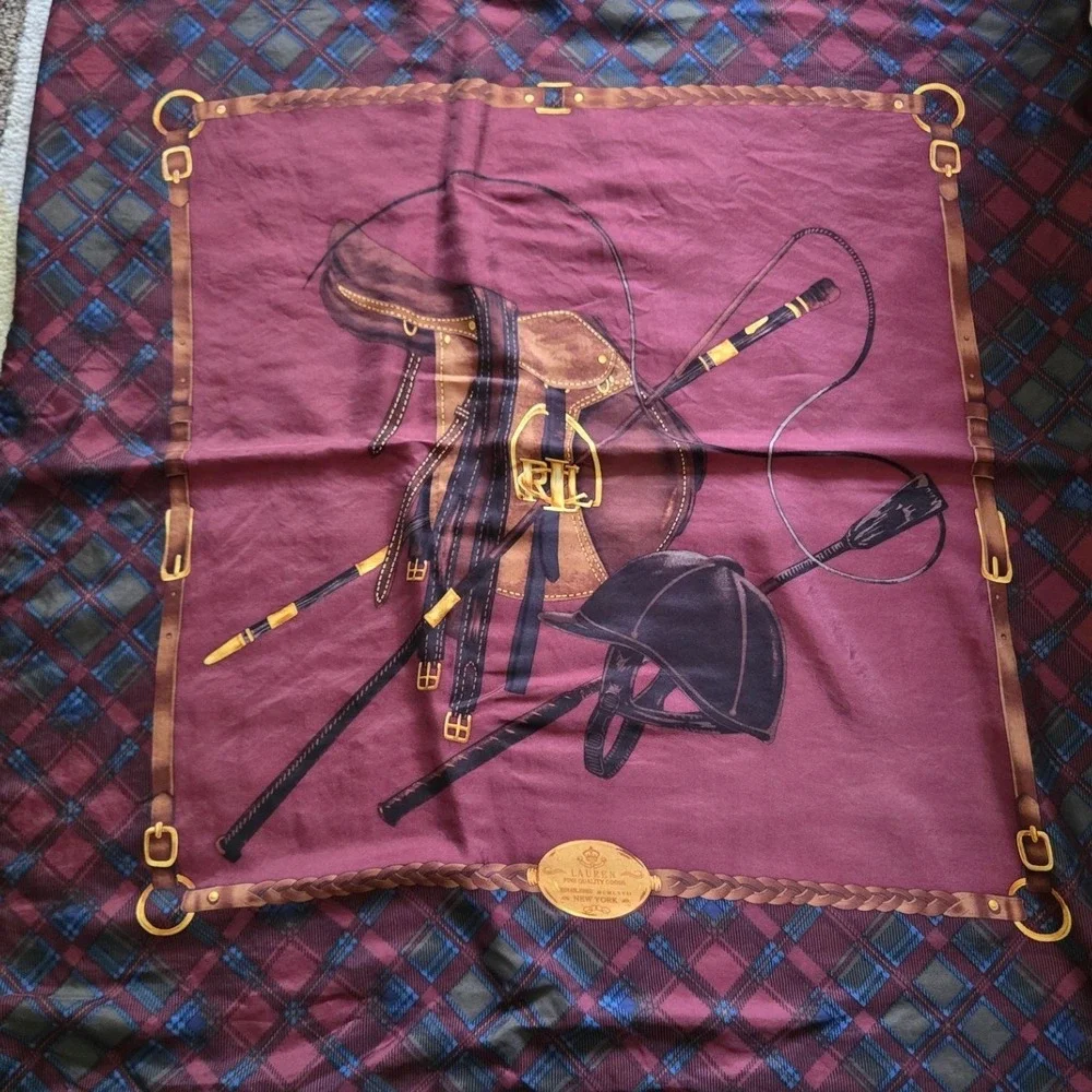 Lauren Ralph Lauren Silk Scarf Burgundy Equestrian Saddle Riding 34x34 Large Sqr